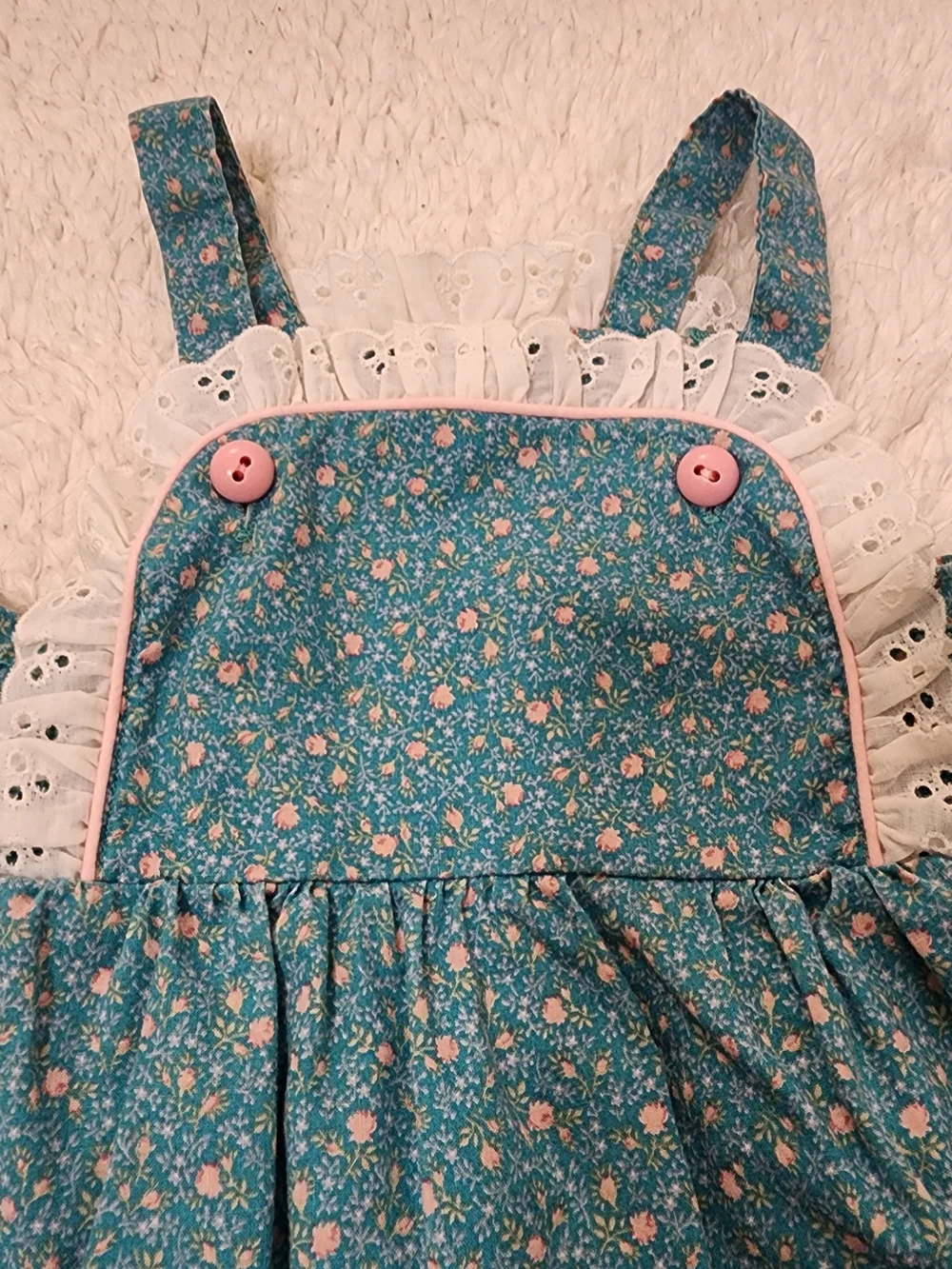 Ruth Scharf Vintage Floral Pinafore Dress Girls 4T Teal Pink Cottagecore Shabby